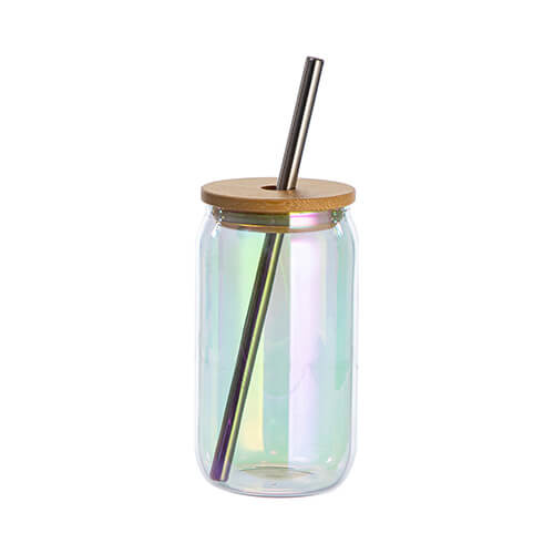Vetro da 400 ml con cannuccia e coperchio in bambù per sublimazione - vetro galvanizzato