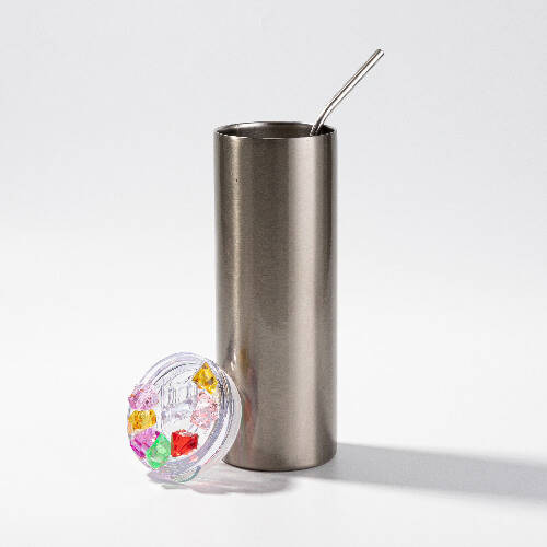 Tazza da 600 ml con cannuccia per sublimazione - argento, coperchio con ghiaccio colorato artificiale