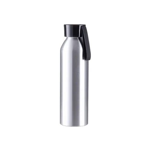 Bottiglia sportiva in alluminio 650ml argento con tappo nero e striscia sublimatica