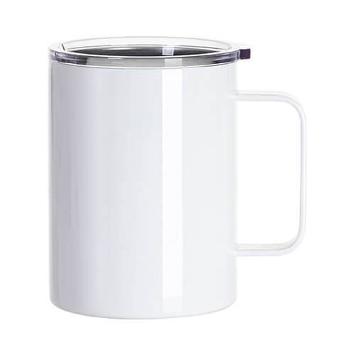 Tazza in acciaio inox da 400 ml con manico e coperchio per sublimazione - bianca