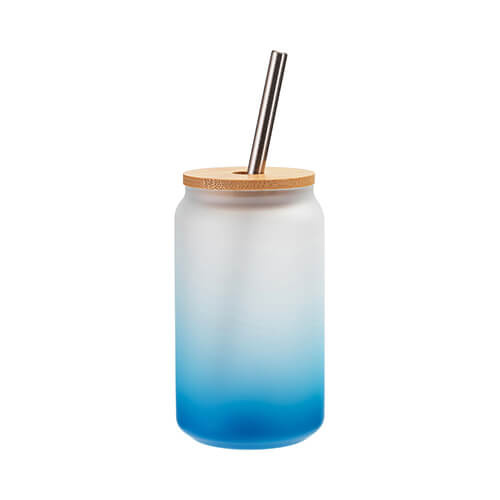 Un bicchiere smerigliato da 400 ml con cannuccia e coperchio in bambù per sublimazione - sfumatura Blu