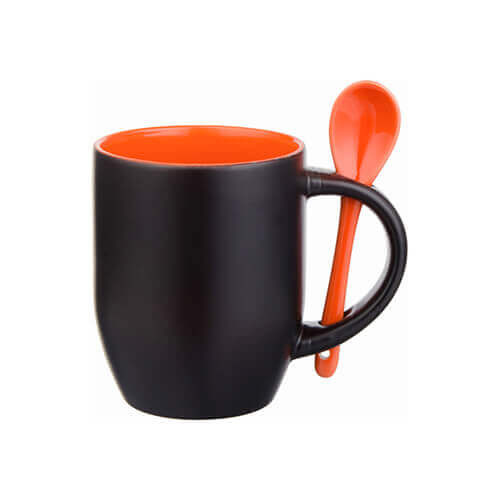 Tazza magico con cucchiaino Sublimazione Termostampa nero opaco con l’interno arancione