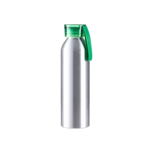 Bottiglia sportiva in alluminio 650ml argento con tappo verde e striscia sublimatica
