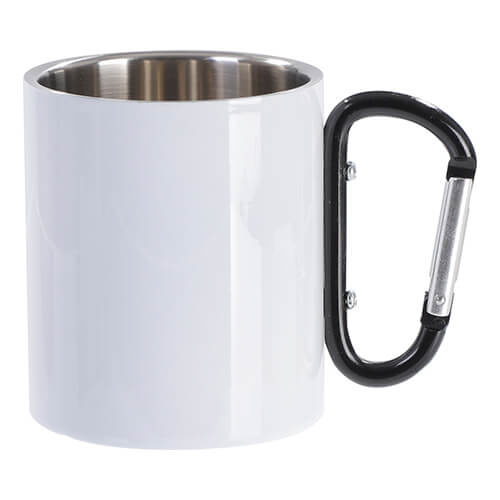 Tazza in metallo 300 ml per sublimazione con manico nero e moschettone - bianco