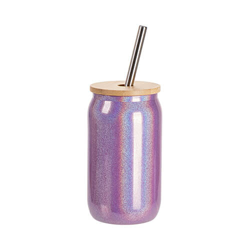 Un bicchiere da 400 ml con cannuccia e coperchio in bambù per sublimazione - glitter Viola