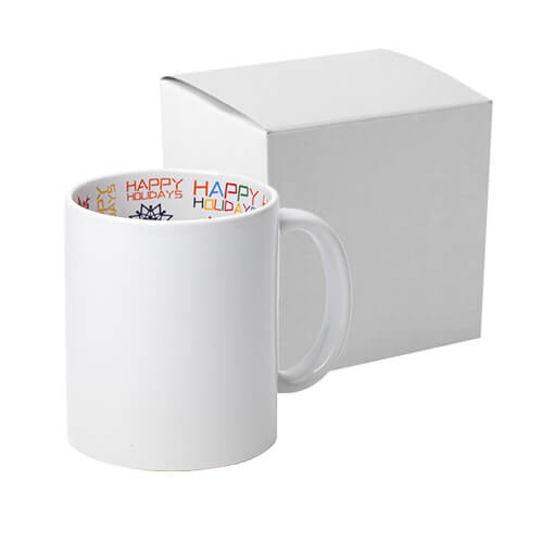 Tazza da 330 ml con interno HAPPY HOLIDAYS per sublimazione con una scatola di cartone