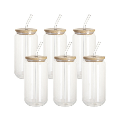 Set di 6 bicchieri da 550 ml con cannuccia e coperchio in bambù per sublimazione