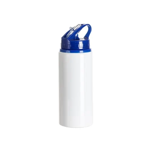 Bottiglia in alluminio con boccaglio 600 ml bianca con tappo blu e supporto per la sublimazione