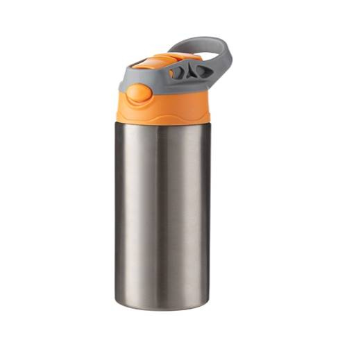 Una bottiglia d'acqua per bambini da 360 ml in acciaio inossidabile per sublimazione - argento con tappo grigio-arancione