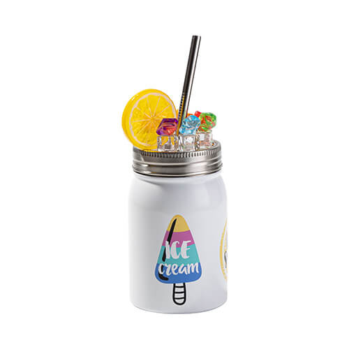 Mason Jar Tazza da 500 ml con cannuccia a sublimazione - bianco, ghiaccio artificiale e limone