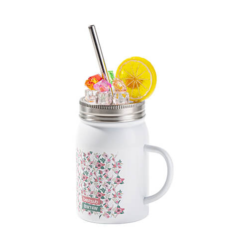 Mason Jar Tazza da 500 ml con cannuccia e manico a sublimazione - bianco, ghiaccio artificiale e limone