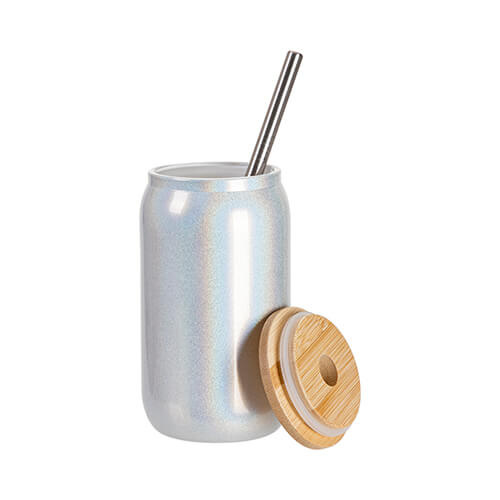 Un bicchiere da 400 ml con cannuccia e coperchio in bambù per sublimazione - glitter Bianco