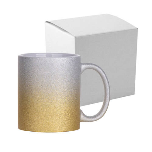 Tazza 330 ml con glitter per sublimazione - sfumatura oro-argento, con una scatola di cartone
