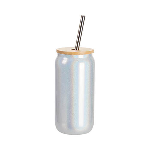 Un bicchiere da 550 ml con cannuccia e coperchio in bambù per sublimazione - glitter Bianco