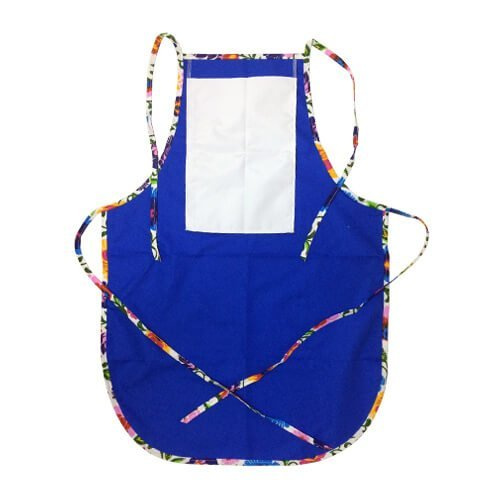 Grembiule arrotondato con tasca per stampa – di colore blu con bordo colorato - fiori slavi bianchi