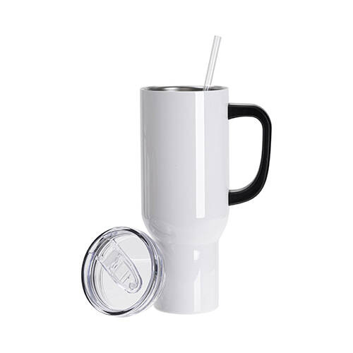 Tazza da viaggio in acciaio inox da 1200 ml con manico nero per sublimazione - bianco
