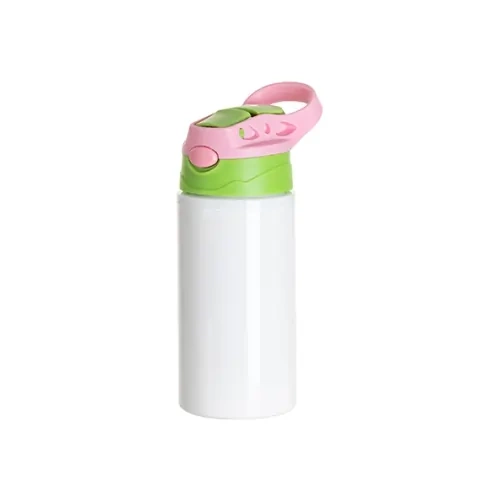 Bottiglia in alluminio da 500 ml bianca con tappo verde e manico rosa per sublimazione