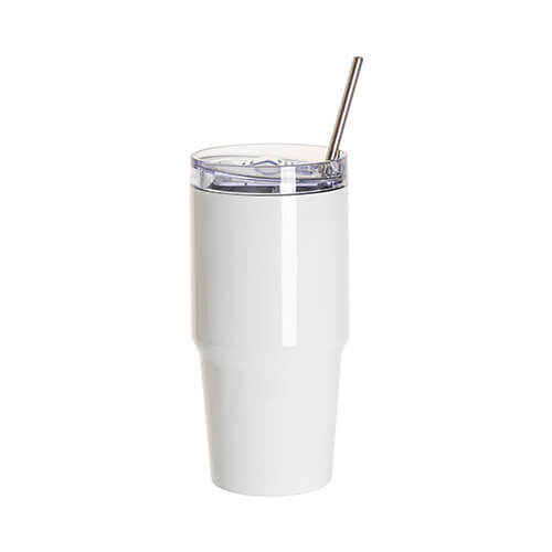 Tazza da viaggio in acciaio inox 600ml con coperchio e cannuccia per sublimazione - bianco
