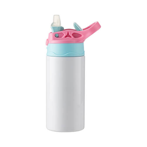 Una bottiglia d'acqua per bambini da 360 ml in acciaio inossidabile per sublimazione - bianco con tappo a vite blu-rosa