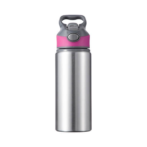 Borraccia in alluminio 650 ml argento con tappo a vite con inserto rosa per sublimazione