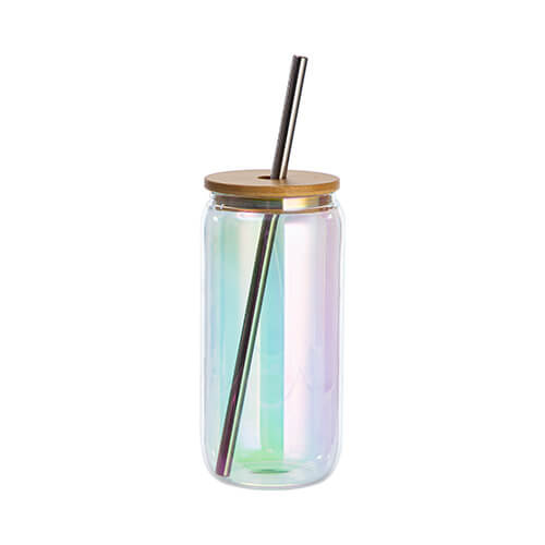 Vetro da 550 ml con cannuccia e coperchio in bambù per sublimazione - vetro galvanizzato