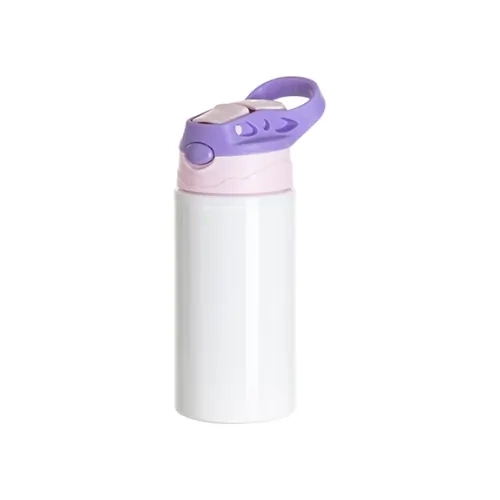 Bottiglia in alluminio da 500 ml bianca con tappo rosa e manico viola per sublimazione