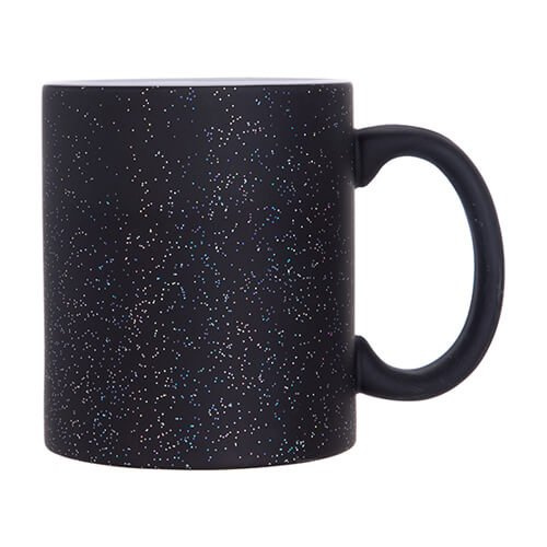 Tazza magica 330 ml nera, opaca con glitter per sublimazione con una scatola di cartone