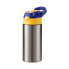 Una bottiglia d'acqua per bambini da 360 ml in acciaio inossidabile per sublimazione - argento con tappo a vite giallo/blu