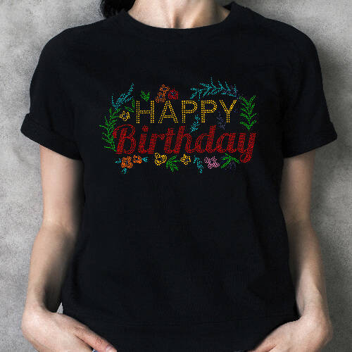 Foglio con zirconi per trasferimento termico - Happy Birthday
