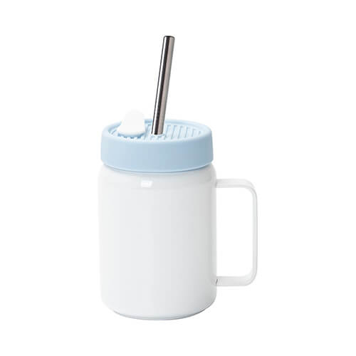 Mug in acciaio da 480 ml con manico e coperchio in silicone blu per sublimazione