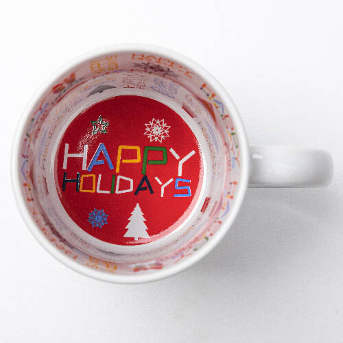 Tazza da 330 ml con interno HAPPY HOLIDAYS per sublimazione con una scatola di cartone
