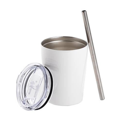 Tazza in metallo 240 ml per latte con cannuccia per sublimazione - bianco