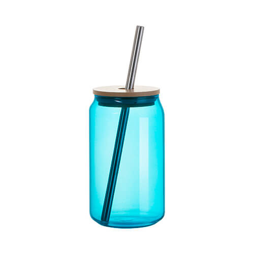 Vetro da 400 ml con cannuccia e coperchio in bambù per sublimazione - turchese