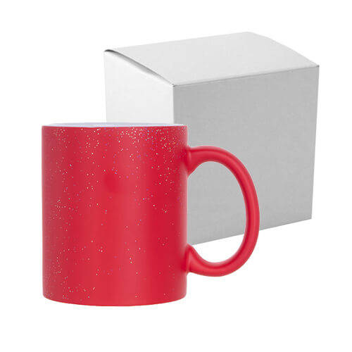 Tazza magica 330 ml rosso, opaca con glitter per sublimazione con una scatola di cartone
