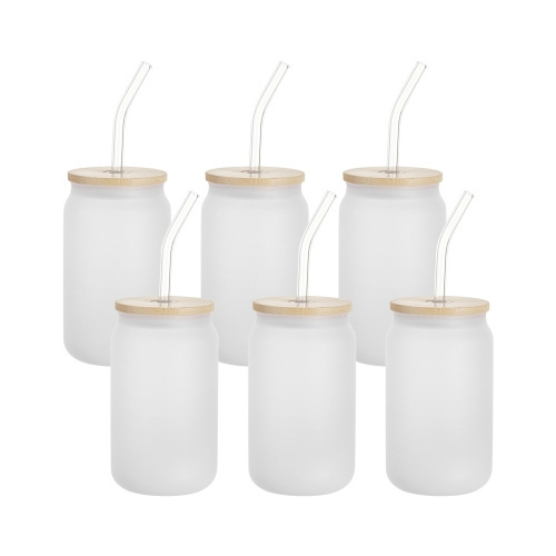 Set di 6 bicchieri glassati da 400 ml con cannuccia e coperchio in bambù per sublimazione