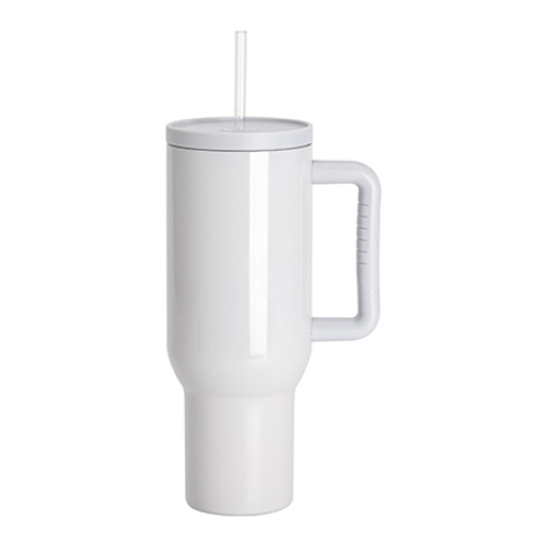 Tazza da viaggio in acciaio inox da 1200 ml con manico e cannuccia - bianco cenerino