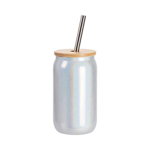 Un bicchiere da 400 ml con cannuccia e coperchio in bambù per sublimazione - glitter Bianco