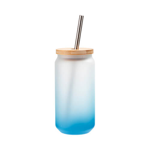 Vetro smerigliato da 550 ml con cannuccia e coperchio in bambù per sublimazione - sfumatura blu