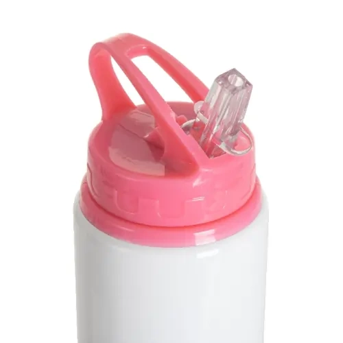 Bottiglia in alluminio con boccaglio 600ml bianca con tappo rosa e supporto per la sublimazione