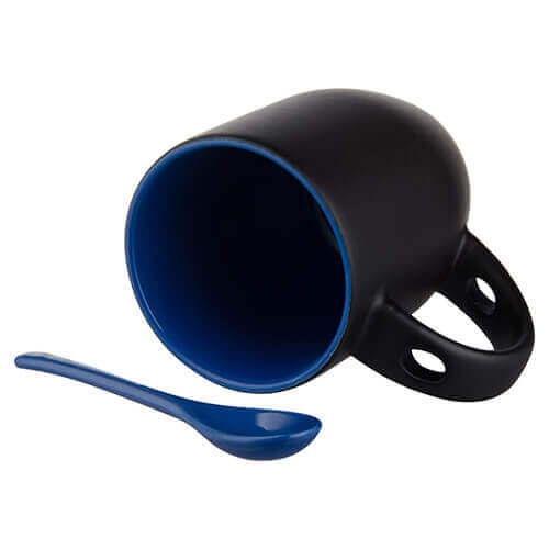 Tazza magico con cucchiaino Sublimazione Termostampa nero opaco con l’interno blu