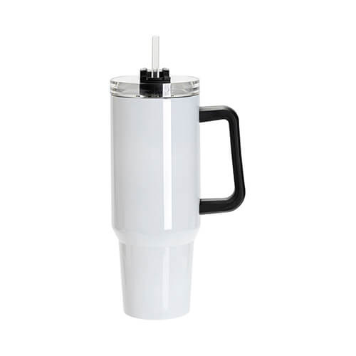 Tazza da viaggio in acciaio inox da 1200 ml con coperchio e cannuccia con orecchio nero per sublimazione - bianco