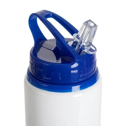 Bottiglia in alluminio con boccaglio 600 ml bianca con tappo blu e supporto per la sublimazione