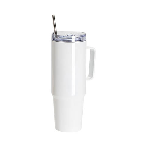 Tazza da viaggio in acciaio inox da 1080 ml con coperchio e cannuccia per sublimazione - bianco