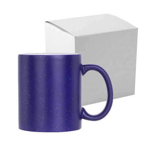 Tazza magica 330 ml blu, opaca con glitter per sublimazione con una scatola di cartone