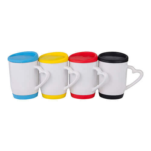 Tazza 360 ml con coperchio e sottobicchiere nero Sublimazione Termostampa