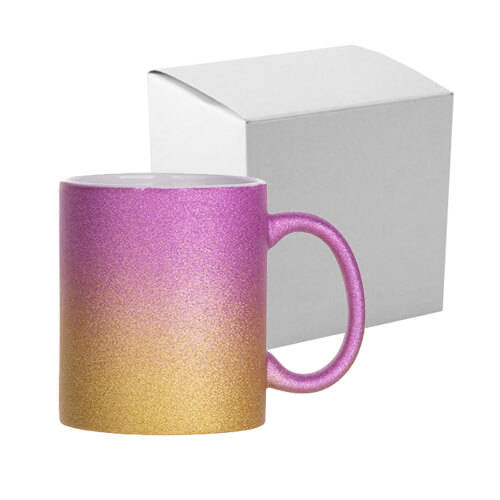 Tazza 330 ml con glitter per sublimazione - sfumatura oro-rosa, con una scatola di cartone