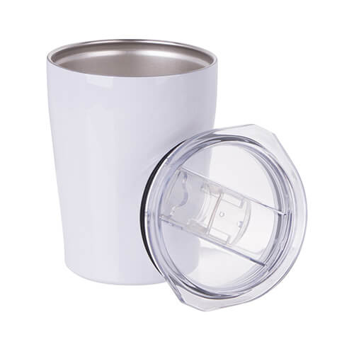 Tazza in metallo, per il latte e con coperchio - bianco