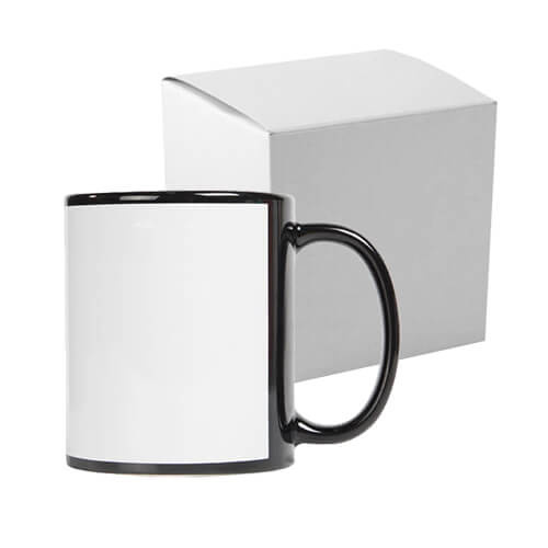 Tazza nera 330 ml con cornice bianca per sublimazione con scatola di cartone