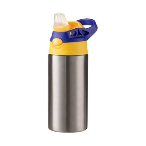 Una bottiglia d'acqua per bambini da 360 ml in acciaio inossidabile per sublimazione - argento con tappo a vite giallo/blu
