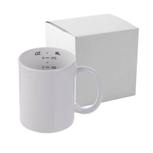 Tazza da 330 ml con misurino interno per sublimazione, con una scatola di cartone